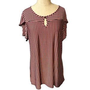 Atelier 29 Womens XL Pink Black Stripe Flutter Sleeve Keyhole Blouse Top